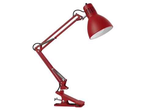 A vibrant red adjustable clamp lamp stands out against a black background.