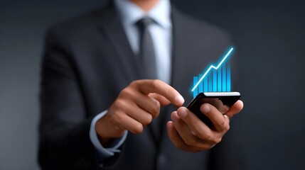 Businessman analyzing financial data on a smartphone.