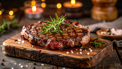 Juicy gourmet steak served on rustic wooden board with rosemary and sea salt, close-up detail. Perfect for food styling, restaurant menu, and culinary photography.