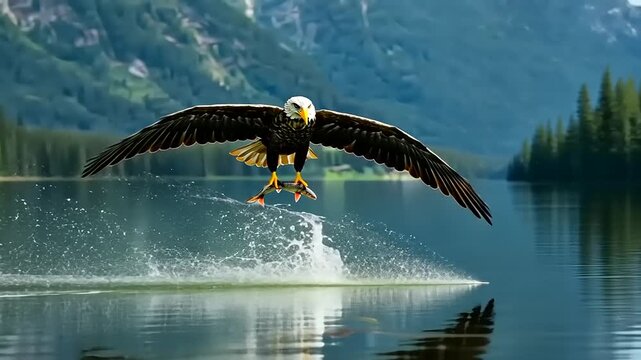 Eagle swooping over lake, catching fish, serene backdrop