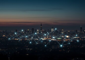 City skyline at night with glowing network connections