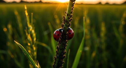 Ladybugs Mating on a Plant Stem at Sunset
