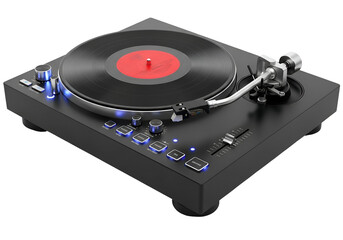A modern record player with a sleek design and illuminated controls is presented on a black background.