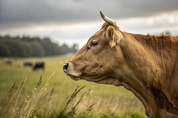 "Side Profile of Tan Cow in Open Pasture &ndash; Natural Farm Animal Close-Up"