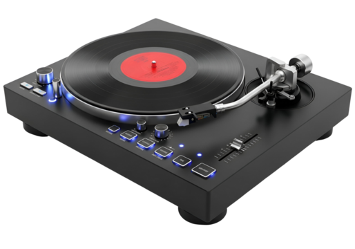 A modern record player with a sleek design and illuminated controls is presented on a black background.