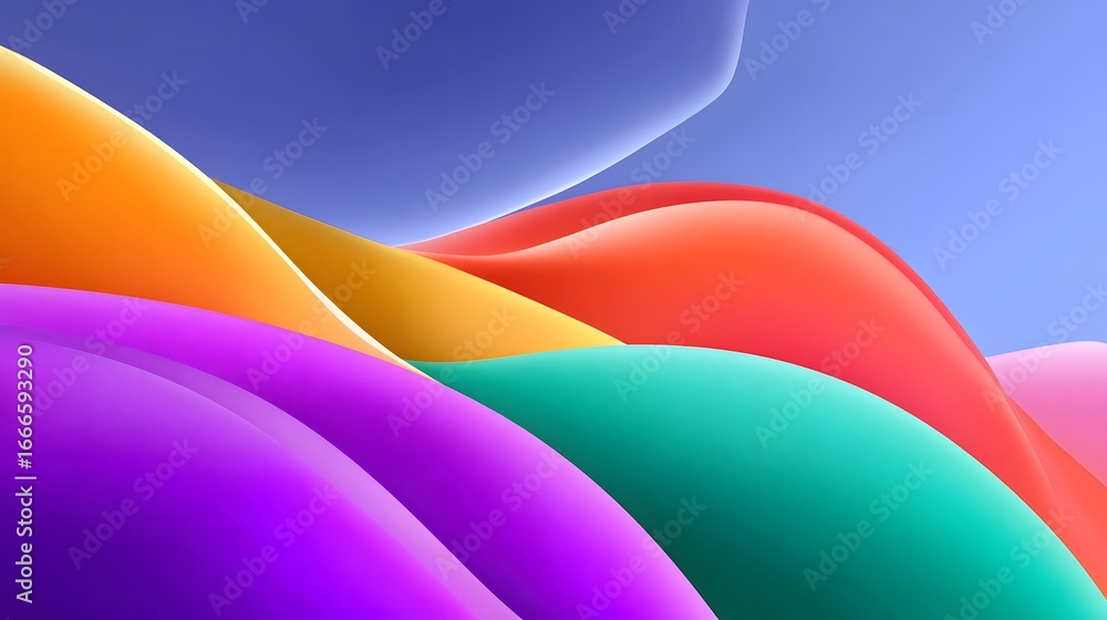 Poster vibrant abstract color shapes and curves create a surreal landscape.