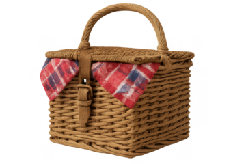Wicker picnic basket with checkered blanket on transparent background