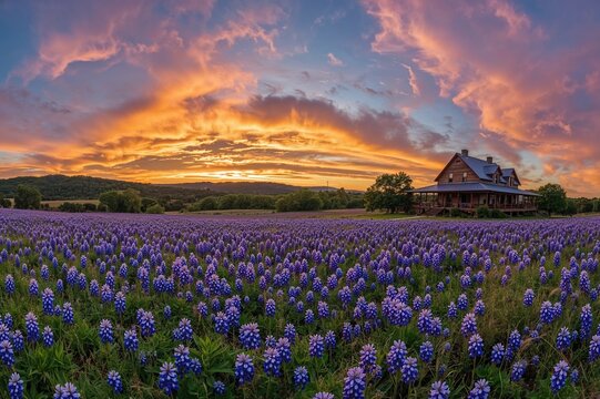 Sunset Glow Over a Bluebonnet-Covered Home in a Scenic Hill Region