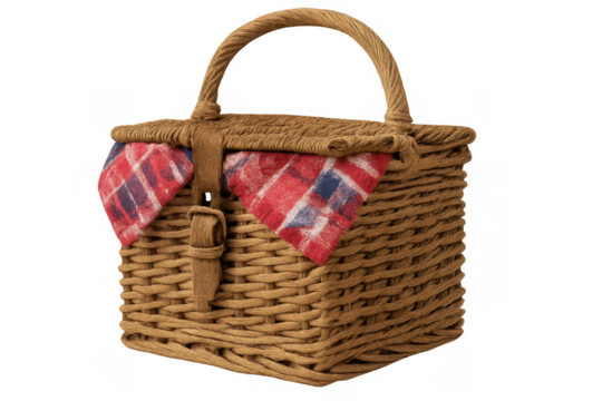 Wicker picnic basket with checkered blanket on transparent background