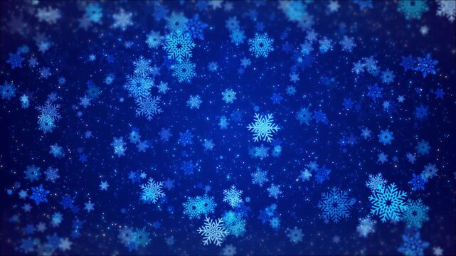 Animation of snowflakes falling down dark blue background. sparkling light effects creates festive ambiance perfect for winter holidays, seasonal greetings, Christmas themes, magical story visuals.