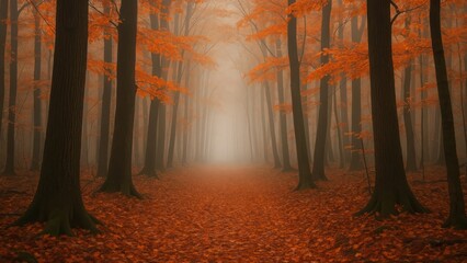 Misty autumn forest pathway serenity.