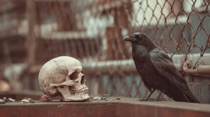 A raven perches next to a human skull on a textured, metal surface. Perfect for gothic themes or a visual representation of mortality.
