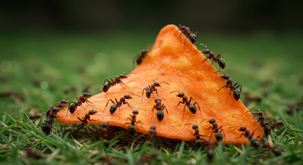 Ants Swarming Nacho Chip on Grass