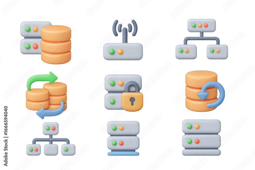 Aufkleber 3d database server icons with network and security elements for data management