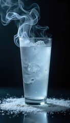 A glass of water with ice and smoke coming out of it.