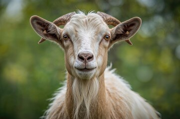 Fototapeta premium White-faced goat with elongated goatee, closely framed against a blurred green backdrop, gazing directly at the viewer