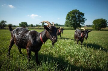 Black Goats With Horns Grazing