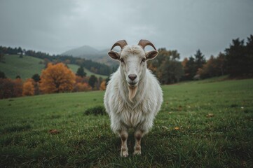 Obraz premium A goat strolls through a field during a rainy autumn afternoon