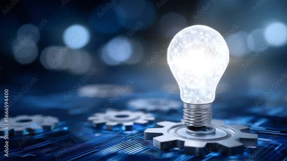 Poster dynamic abstract illustration of a glowing bulb above gears on a blue tech background, representing 
