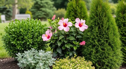 Pink hibiscus flowers amidst a garden bed of shrubs and greenery
