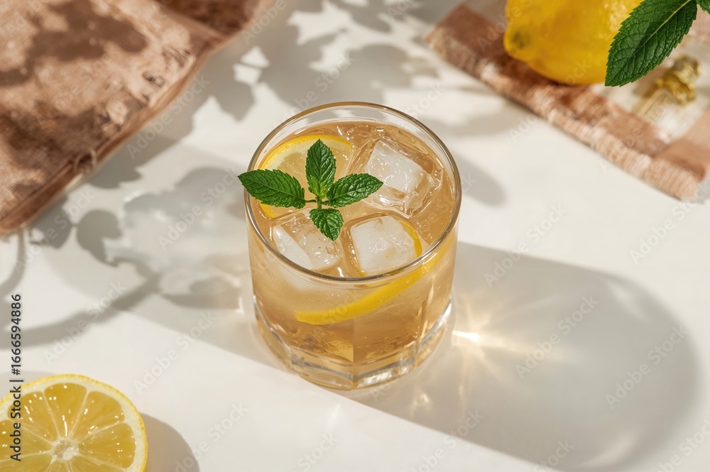Poster refreshing mocktail drink with lemon, mint, and ice in a glass on a bright surface with citrus and a