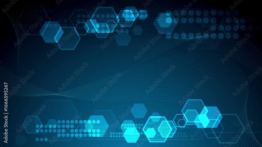 Poster abstract digital background with glowing hexagonal shapes and flowing lines.