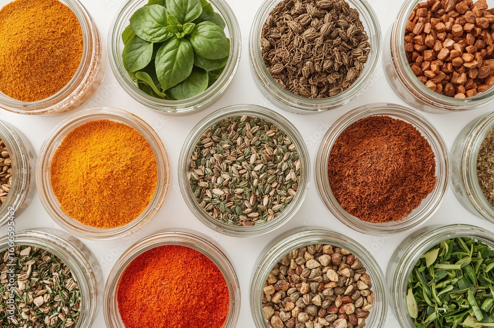 Poster assortment of spices stored in transparent containers against a blurred backdrop