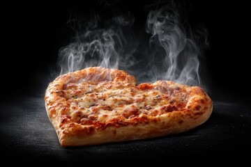 Heart shaped pizza on a black dark color background. Hot Steamed Pizza Heart Shape with pepperoni and mozzarella cheese. Card for Valentine's Day, Date or Anniversary. Food symbol of romantic love.