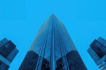 Obraz premium A broad view of a towering glass skyscraper set against a sleek steel blue backdrop in a visionary urban environment, symbolizing innovation and corporate achievement.