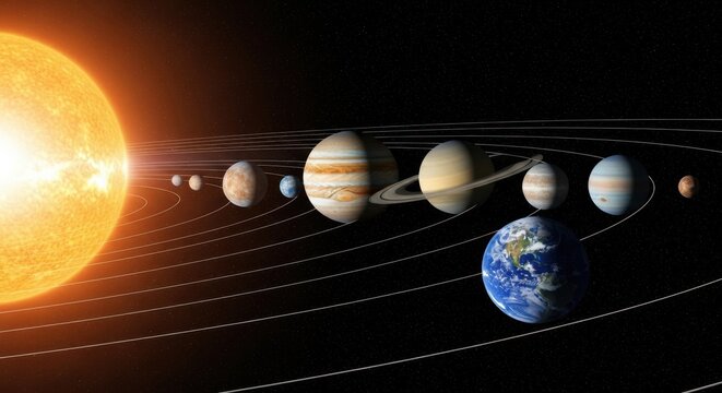 Illustration of the solar system with planets orbiting the sun in space with stars and galaxies - Powered by Adobe