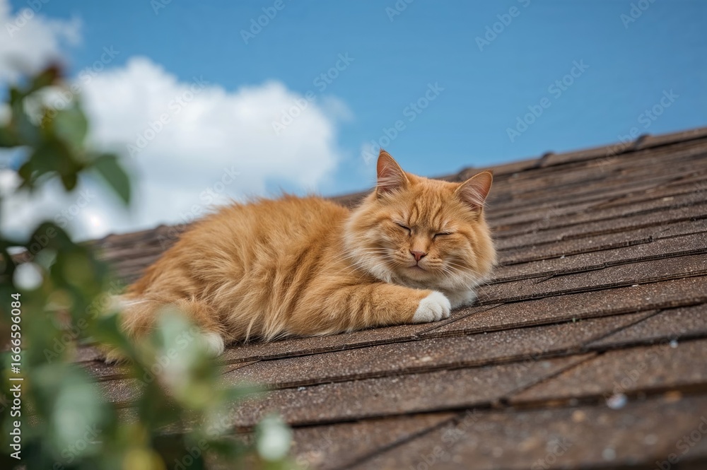 Poster sleeping ginger cat on a rooftop with a soft-focused background. high resolution image
