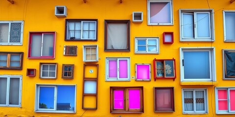 Unevenly spaced, various-sized windows, haphazardly arranged, on a vibrant yellow wall, style, vintage