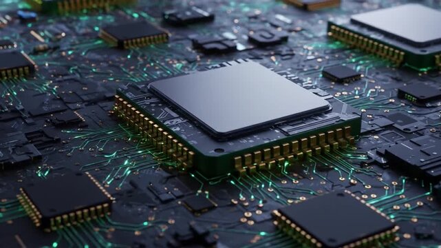 Modern microprocessor on high-tech green motherboard circuitry