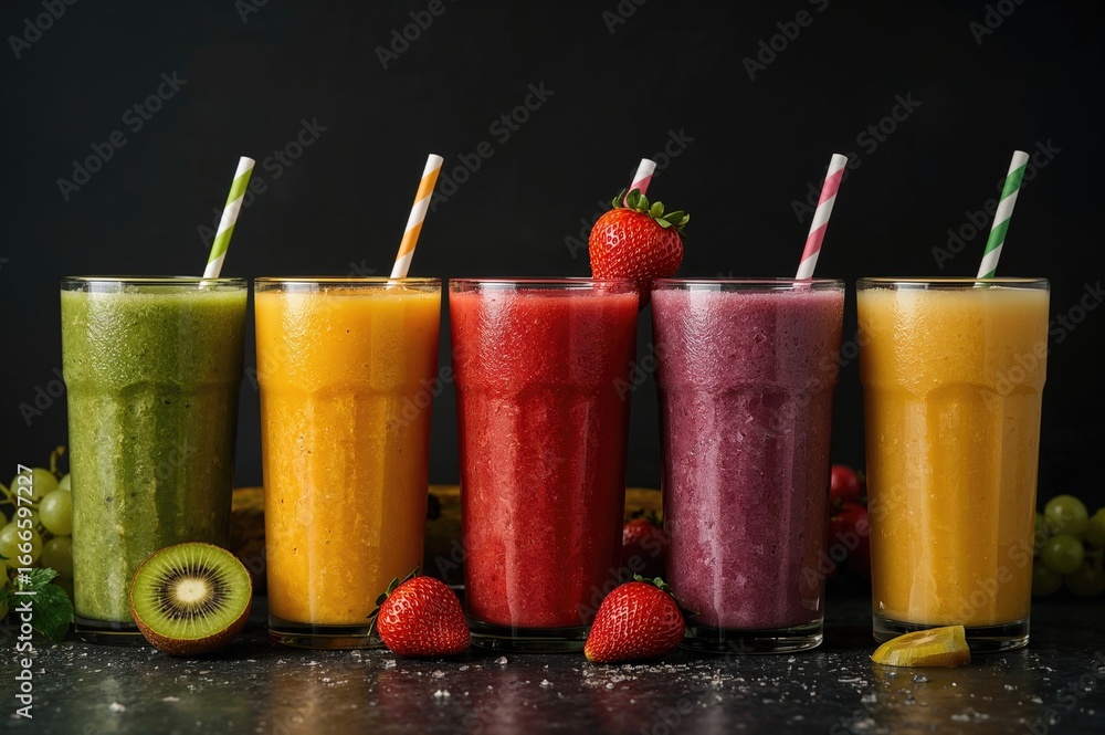 Poster assorted fresh juices and smoothies in various colors from exotic fruits in a jar, displayed on a da