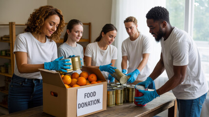 Diverse group of volunteers working together packing food donations into boxes for charity