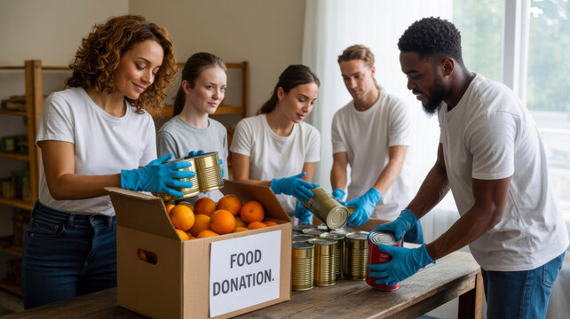 Diverse group of volunteers working together packing food donations into boxes for charity - Powered by Adobe