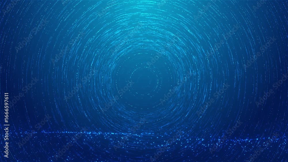 Poster circular glowing rings tiny particles move in blue space. layered motion adds futuristic depth, for 