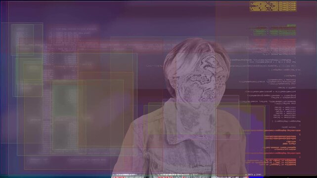 A cybernetic interface with biometric data. Robotic face scanning with coding.