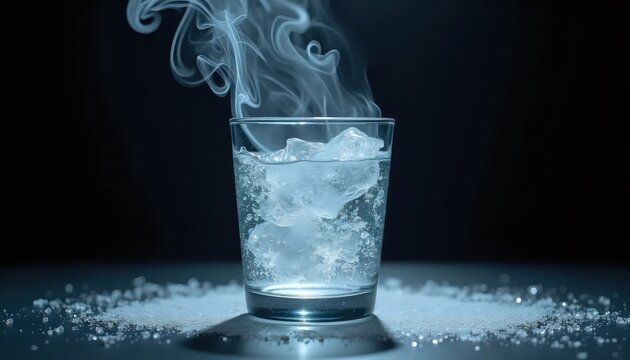 A glass of water with ice and smoke coming out of it.