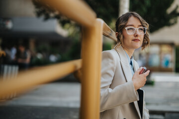 A modern young, dressed in formal attire, standing outdoors and holding a smartphone. Captured in...