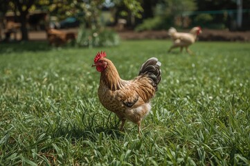 Fototapeta premium Chicken frolicking in a lush garden field