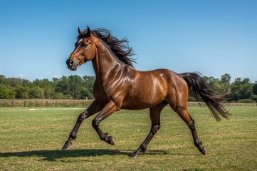 Athletic breed horse running freely in an outdoor arena