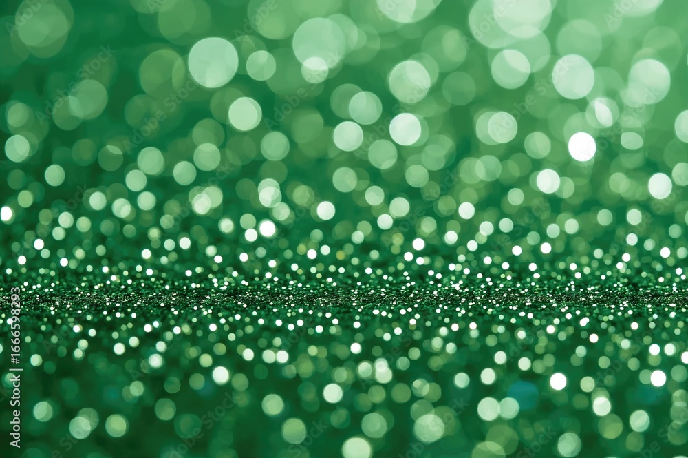 Poster Glittering green bokeh texture for summer, sparkling light background with space for text