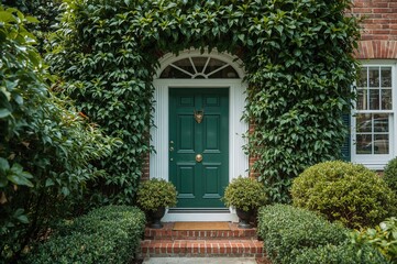 A quaint verdant entrance invites from its recessed spot, surrounded by lively plants and climbing vines on a traditional colonial brick facade