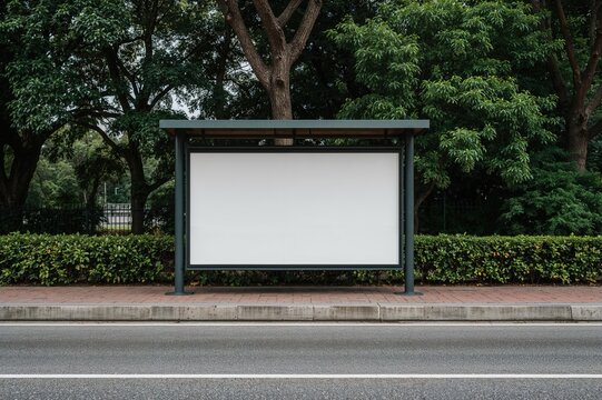 Empty billboard display mockup at roadside bus stop with surrounding greenery