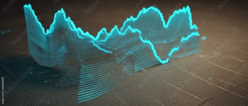 Poster abstract glowing blue line graph representing data analysis and financial trends on a textured surfa