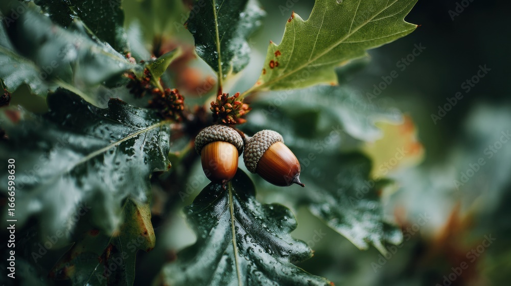 Poster acorns hanging from an oak tree branch with dew droplets in a lush forest setting during early morni