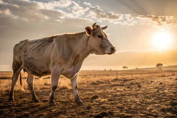 "Cow Standing on Dry Soil at Sunset &ndash; Rural Landscape with Warm Golden Light"