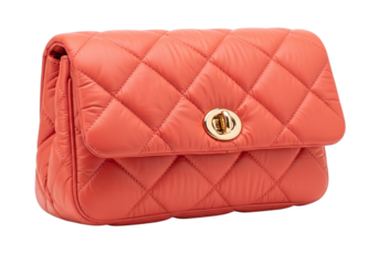 Stylish quilted coral clutch bag with gold clasp isolated on transparent background