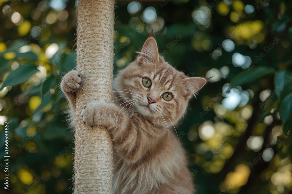 Poster amusing house cat scaling the scratching post